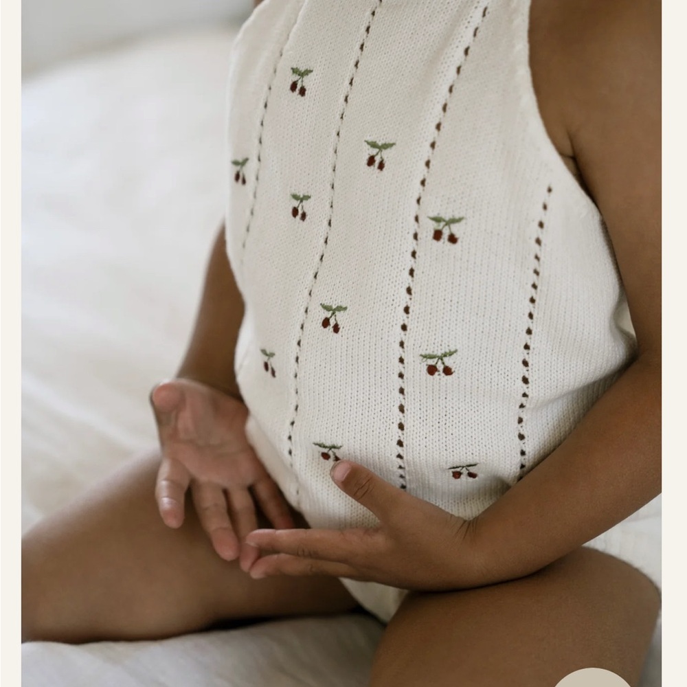 Cherry Embroidered White Knit Sleeveless Top